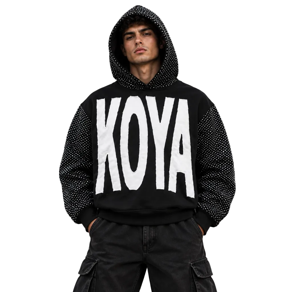 KOYA Applique Hoodie in black — heavyweight cotton fleece hoodie with layered applique detailing