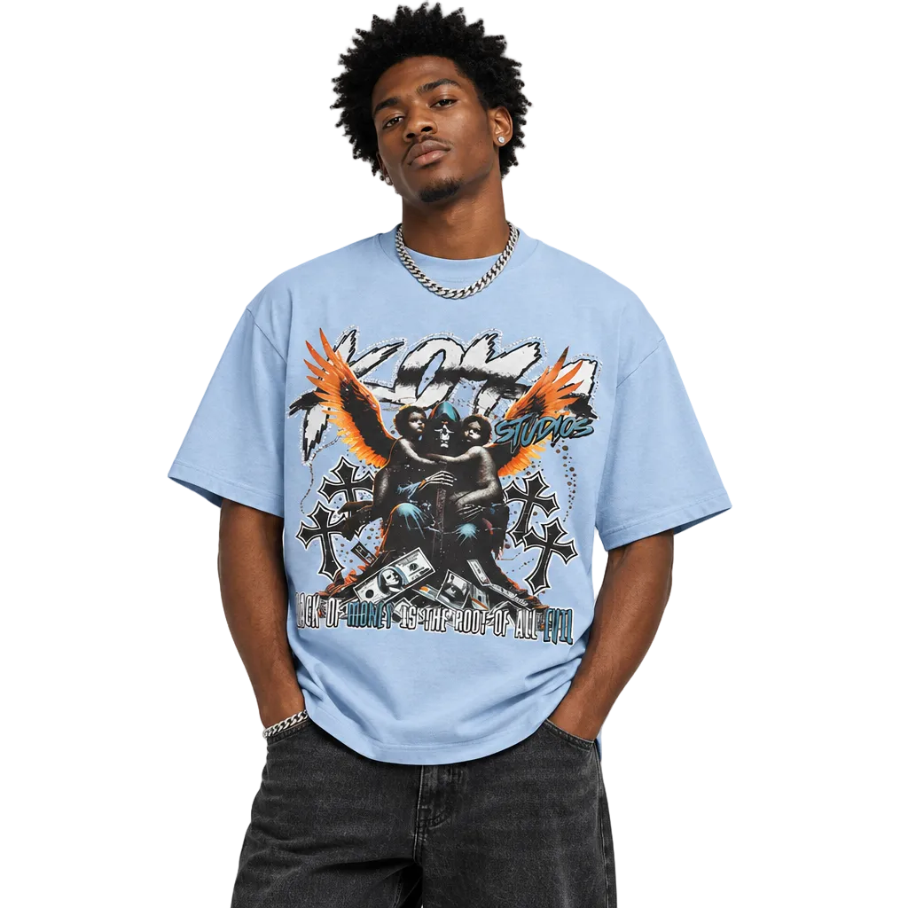 KOYA Evil Heavyweight Tee in blue — 100% heavyweight cotton graphic tee